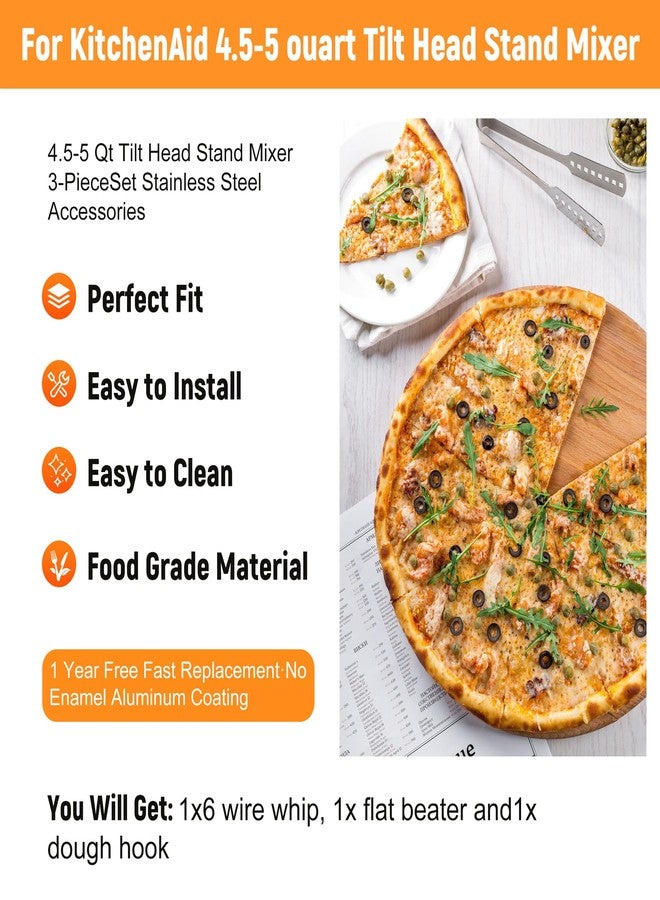CHUDODO Stainless Steel Accessories for KitchenAid 4.5-5 Qt Tilt-Head Mixer, K45 Whisk, Flat Beater and Dough Hook for 5 Quart Mixing Bowl, Fits KSM45, KSM90, KSM150, Dishwasher Safe, Heavy Duty - Image 2